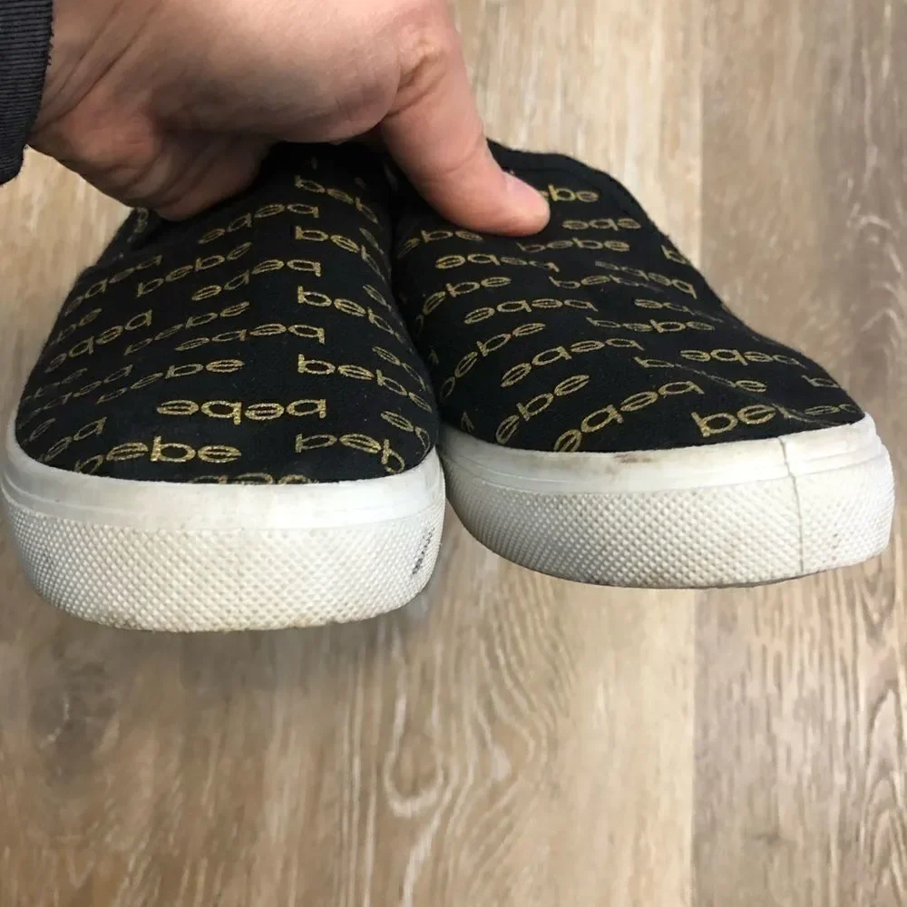Bebe Girls Size 1 Black Gold Logo Slip-On Sneakers Shoes